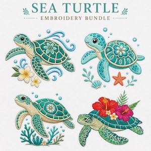 Puede incluir: Un conjunto de bordado Sea Turtle Embroidery Bundle con cuatro ilustraciones distintas de tortugas marinas. Cada tortuga está representada en tonos verde azulado y verde con patrones florales en sus caparazones, rodeadas de burbujas, estrellas de mar y flores tropicales.