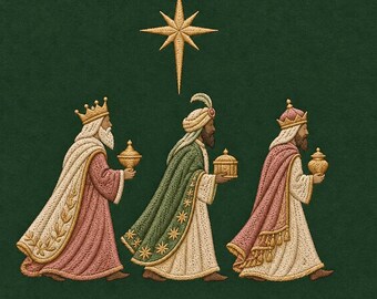 Three Wise Men Embroidery Design, Biblical Magi Carrying Gifts Under Bethlehem Star, Christmas Nativity Machine Embroidery