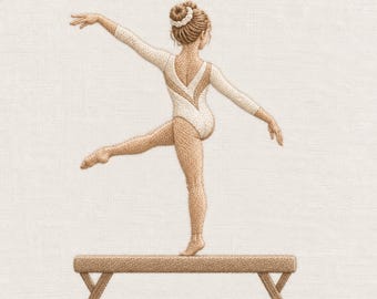 Motif de broderie pour gymnaste à la poutre, pose sportive élégante, téléchargement instantané.