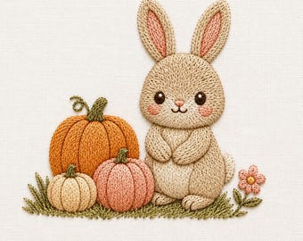 Bunny Pumpkin Embroidery Design, Cute Fall Rabbit Machine Embroidery File, Autumn Harvest Woodland Animal Pattern