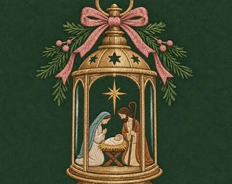 Nativity Lantern Embroidery Design, Holy Family, Pink Bow, Christmas (Digital File)
