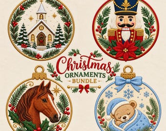 Christmas Ornament Embroidery Bundle: Church, Nutcracker, Horse, Bear (Digital File)