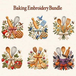 Può includere: Una collezione digitale intitolata Baking Embroidery Bundle che presenta sei distinti arrangiamenti di utensili da cucina come fruste, mattarelli e cucchiai di legno, decorati con fiori, frutti, bacche, api, uccelli e fiocchi di vari colori.