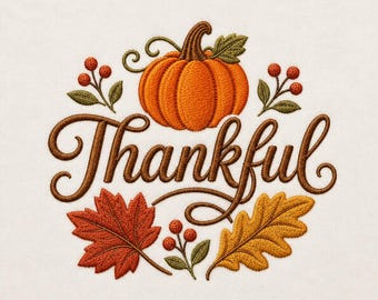 Thankful Pumpkin Thanksgiving Autumn Leaves Harvest Machine Embroidery Design Digital File PES DST Download