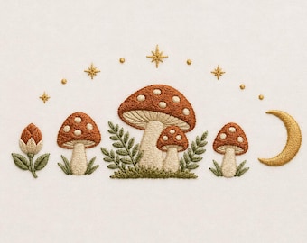 キノコの刺繍デザイン、幻想的な森の月と星のミシン刺繍ファイル（デジタルダウンロード）
