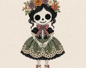 Floral Skeleton Girl Embroidery Design, Halloween Skull Doll With Flower Crown and Green Dress, Gothic Machine Embroidery