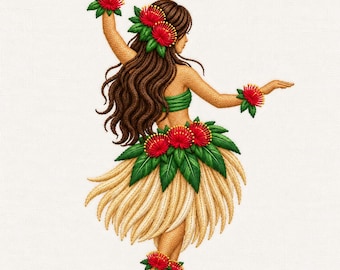 Red Lehua Hula Dancer Embroidery Design, Hawaiian Tropical Flower Grass Skirt Woman Machine Embroidery