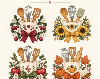 Seasonal Kitchen Embroidery Bundle, 4 Floral Fruit Pumpkin Utensil Designs Instant Download