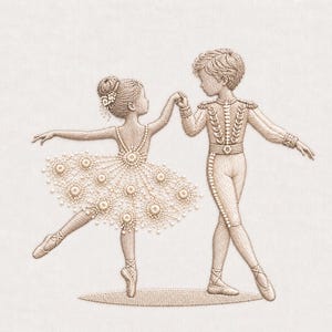 Op de afbeelding: Een beige borduurontwerp met een dansend paar in formele kleding. De figuur aan de linkerkant draagt een tutu versierd met cirkelvormige bloemmotieven, terwijl de figuur aan de rechterkant een gestructureerd jasje en broek met gedetailleerde randen draagt.