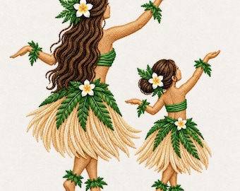 Mother Daughter Hula Dance Embroidery Design, Hawaiian Plumeria Grass Skirts, Tropical Family Machine Embroidery