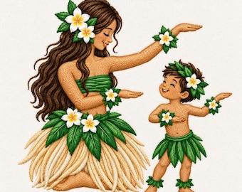 Mother Son Hula Dance Embroidery Design, Hawaiian Tropical Flower Grass Skirt (Digital File)