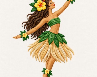 Hawaiian Hula Dancer Embroidery Design, Hibiscus Flower, Grass Skirt (Digital File)