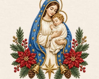 Christmas Mary Baby Jesus Embroidery Design, Poinsettia Bells Pine Religious Holiday Machine Embroidery File