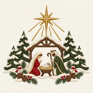 Könnte beinhalten: Eine gestickte Krippenszene mit einer zentralen Krippe und einem Baby, flankiert von zwei Figuren in roten und grünen Gewändern. Die Szene befindet sich unter einem goldenen Stern, umgeben von schneebedeckten Tannen, Tannenzapfen und roten Beeren.