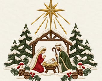 Nativity Scene Embroidery Design, Bethlehem Star Winter Stable Christmas Machine Pattern, Instant Download