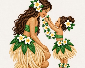 Mother Daughter Flower Lei Embroidery Design, Hawaiian Hula Family Love Scene (Digital File)