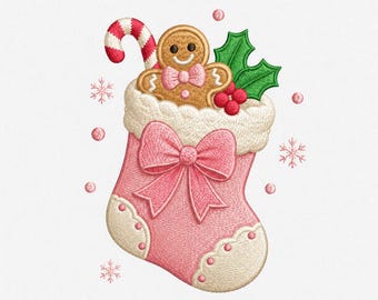 Gingerbread Christmas Stocking Embroidery Design, Pink Holiday Machine File (Digital Download)