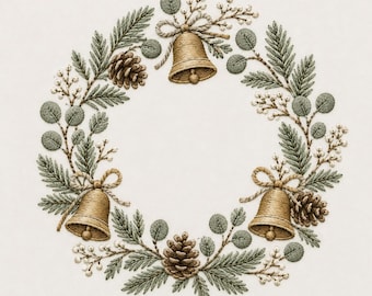 Christmas Bell Wreath Embroidery Design, Pinecone Greenery Machine Embroidery, Winter Holiday Stitch File
