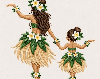 Mother Daughter Hula Dance Embroidery Design, Tropical Plumeria Flower (Digital File)