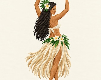 Hula Dancer Machine Embroidery Design, Tropical Island Woman, Plumeria Flowers (Digital File)