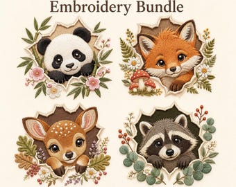 Woodland Animal Embroidery Bundle Panda Fox Deer Raccoon Machine Design Instant Download