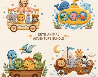 Animal Adventure Embroidery Bundle, Circus, Submarine, Dinosaur Designs (Digital Download)