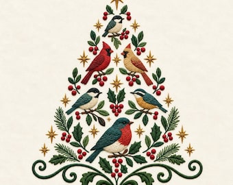 Christmas Bird Tree Embroidery Design, Cardinal Holly Botanical Machine File, Instant Download