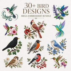 Op de afbeelding: Een digitale collectie van 30+ vogelontwerpen voor borduurwerk, met diverse kleurrijke vogels zoals kolibries, een kardinaal, een merel en een mus, elk zittend op of vliegend bij gedetailleerde bloemrijke en botanische takken.