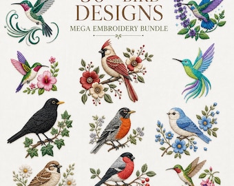 30+ Bird Embroidery Designs Bundle, Hummingbird Cardinal Robin Floral Collection (Digital Download)