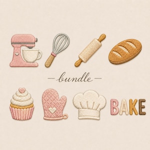 May include: An embroidery design set featuring a pink stand mixer, a whisk, a rolling pin, a loaf of bread, a cupcake, a pink oven mitt, a chef hat, and the text "bundle" and "BAKE" in a script and block font style on a light background.
