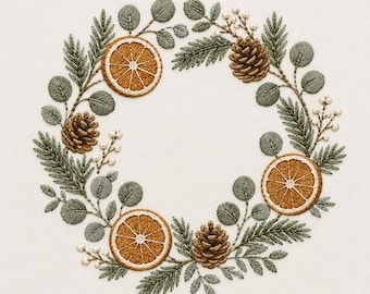 Orange Pinecone Wreath Embroidery Design, Rustic Winter Greenery Machine Embroidery, Holiday Stitch File