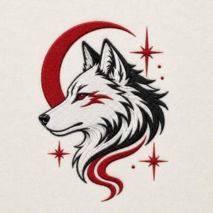 May include: An embroidered patch featuring a stylised wolf head in profile, rendered in white, black, and red thread. The wolf is framed by a red crescent moon and accented with red four-pointed stars and small dots on a textured off-white fabric.