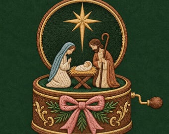 Christmas Nativity Music Box Embroidery Design, Holy Family, Star, Pink Bow (Digital File)