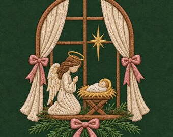 Christmas Nativity Embroidery Design, Praying Angel, Baby Jesus, Pink Bow (Digital File)