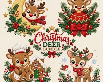 Christmas Reindeer Embroidery Design Bundle, 4 Festive Deer With Moon, Ornament, Gingerbread Cookie and Winter Fawn