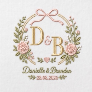 Puede incluir: Un diseño bordado sobre tela blanca con las letras doradas D y B separadas por un pequeño ampersand rosa. Un lazo rosa corona una corona floral circular dorada con rosas rosas y hojas verdes. El texto dice Danielle & Brandon 28.08.2026.