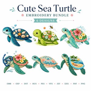 May include: An embroidery bundle featuring six sea turtle designs with the text Cute Sea Turtle EMBROIDERY BUNDLE 6 DESIGNS. The turtles display various patterns including seashells, flowers, a snorkel mask, geometric shapes, and a beach scene.