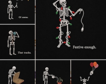 Funny Skeleton Embroidery Bundle, 6 Sarcastic Everyday Scenes Halloween Machine Design Collection