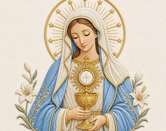 Diseño de bordado de la Virgen María, archivo de bordado a máquina religioso de la Eucaristía, católico