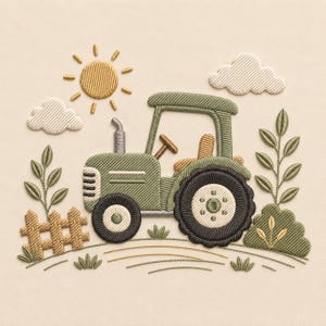 May include: An embroidery design featuring a green tractor with a brown seat and steering wheel, a yellow sun, two white clouds, a brown wooden fence, and green foliage on a light beige background. The tractor has large black tires.