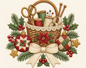 Christmas Sewing Basket Embroidery Design, Holiday Craft File (Digital Download)
