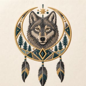 Könnte beinhalten: Ein Stickdesign mit einem zentralen grauen Wolfskopf, der von einem goldenen Halbmond eingerahmt wird. Die Komposition umfasst dunkel-petrolfarbene Tannenbäume, geometrische Muster und drei hängende Federn in Grau, Gold und Petrol auf cremefarbenem Grund.