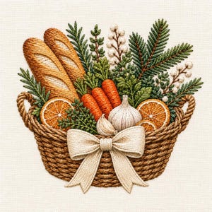 Puede incluir: Un diseño de bordado de una cesta tejida llena de dos baguettes doradas, tres zanahorias naranjas, un bulbo de ajo blanco, dos rodajas de naranja y ramas de pino verdes. Un gran lazo de tela de color crema está sujeto al frente de la cesta.