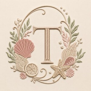 May include: An embroidery design featuring the letter T in a metallic gold thread, centered within an oval frame of stitched greenery, pink seashells, beige conch shells, a sand dollar, and a starfish, all set against a light beige fabric.