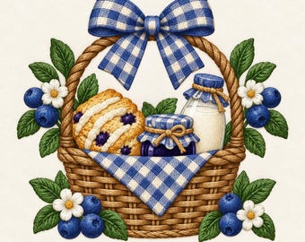 Könnte beinhalten: Ein geflochtener brauner Korb mit einem Blaubeergebäck, einem Glas Marmelade und einer Milchflasche, ausgelegt mit einem blau-weiß karierten Tuch. Obenauf sitzt eine große blau-weiß karierte Schleife, umgeben von grünen Blättern und weißen Blüten.