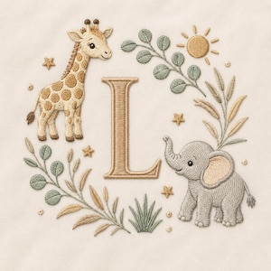 Puede incluir: Un diseño bordado que presenta una letra L grande de color canela centrada entre una jirafa marrón y canela y un elefante gris. La escena incluye ramas de eucalipto verdes, tallos de trigo color canela, un sol amarillo y pequeñas estrellas doradas.
