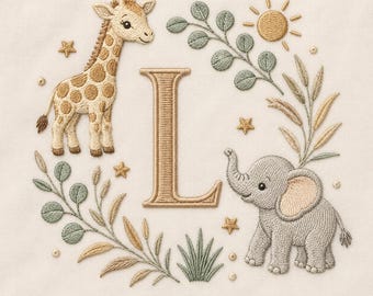 Diseño de bordado de la letra L con animales de safari, archivo para guardería con jirafa y elefante (descarga digital)