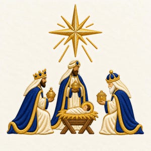 May include: A nativity scene illustration featuring three figures in blue and white robes with gold crowns, kneeling and standing around a baby in a manger. A large, radiant gold star with multiple points is positioned above the figures.