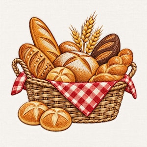 May include: An embroidered basket filled with various golden-brown breads, including a baguette, a braided loaf, and round rolls, accented by wheat stalks and a red and white checkered cloth liner, all rendered in detailed thread work.
