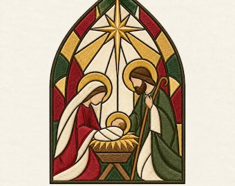 キリスト降誕ステンドグラス刺繍デザイン、クリスマス聖家族教会窓ミシンパターン、即時ダウンロード